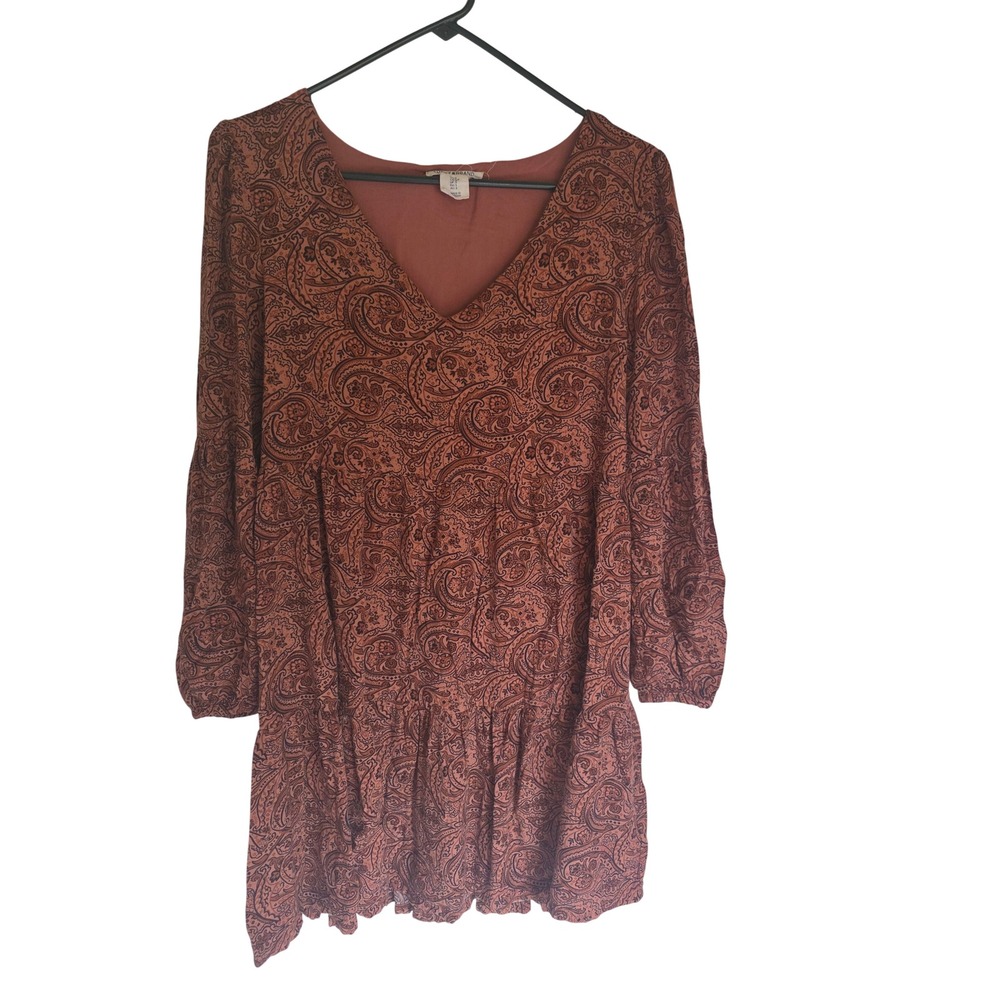 Lucky Brand Womens Rust Paisley Tiered Babydoll V-Neck Mini Dress Small Boho